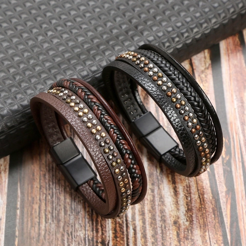 Men Multi-layer Braided Leather Bracelet With Metal Rivets And Magnetic Clasp Fashion Punk Casual Wristband