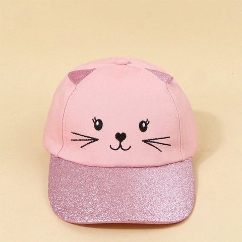 Kids Baseball Cap Cotton With Sequin Cat Ears Embroidery Glitter Brim Sun Protection Hat Adjustable Pink Cartoon For Girls