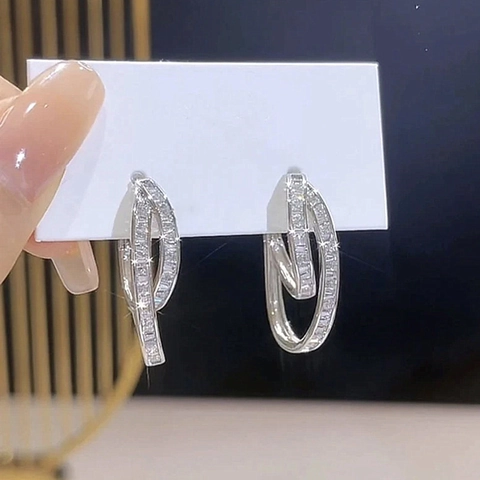 Boucles d'Oreilles Créoles Rondes Superposées Plaqué Or 18K Cuivre Zircone Géométrique Torsadé Tige Argent