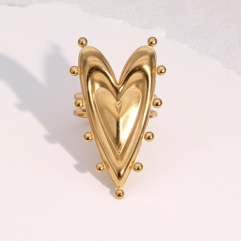Anillo De Corazón Grande De Acero Inoxidable Chapado En Oro De 18K Borde Perlado Diseño Abierto Ajustable Joyería Minimalista Para Mujer