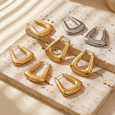 Pendientes de Aro Gruesos en Forma de U Minimalistas de Acero Inoxidable Chapado en Oro de 18K Pulido Espejo para Mujer