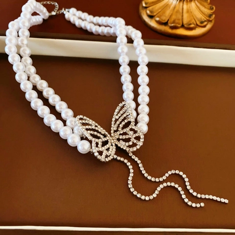 Double Layer Faux Artificial Pearl Necklace With Rhinestone Butterfly Pendant And Long Tassel Elegant Choker For Women