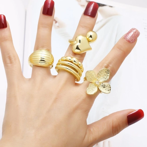 Minimalistische 18K Vergoldete Kupfer Offene Ringe Für Damen Unregelmäßiges Herz Blume Gestreift Mehrlagig Verstellbarer Fingerring Schmuck Geschenk
