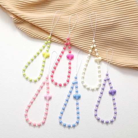 Cordón Para Teléfono Con Cuentas De Corazón Dulce Cuentas De Acrílico Correa Antipérdida Charm Para Funda De Teléfono Para Mujeres Niñas