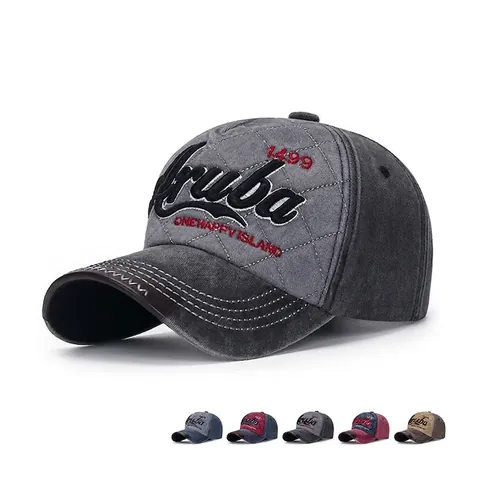Vintage Washed Cotton Baseball Cap Quilted Diamond Embroidery Aruba Adjustable Sun Hat For Men Women Casual