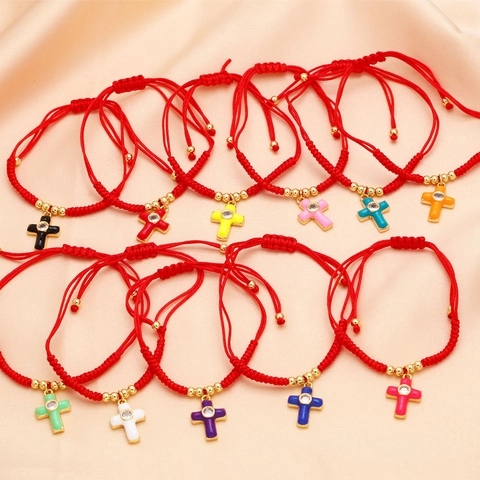 Red Braided Rope Bracelet Copper Enamel Cross Pendant Gold Plated Adjustable Zircon Fashion Jewelry Women