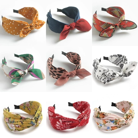 Women Wide Bow Headband Knot Twist Fabric Hair Band Polka Dot Paisley Leopard Print Fashion Accessory