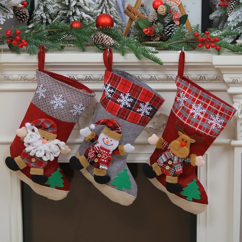 Christmas Stocking Felt Knitted Cloth Santa Snowman Reindeer Doll Snowflake Embroidery Holiday Fireplace Hanging Decor