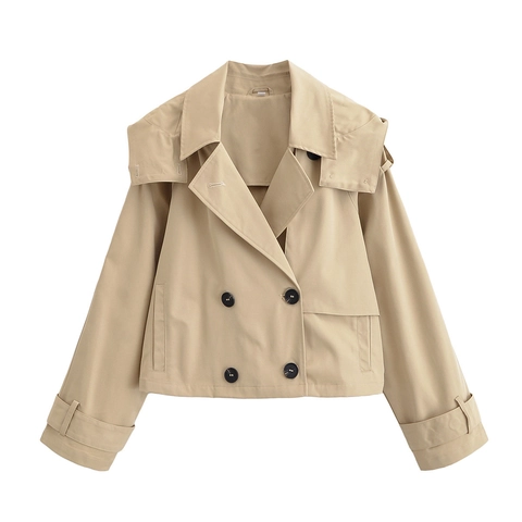 Women Casual Khaki Short Trench Coat Double Breasted Lapel Hooded Windbreaker Loose Jacket Outerwear For Autumn Spring
