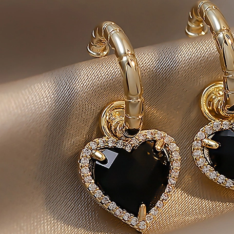 Alloy Rhinestone Black Heart Hoop Earrings With 925 Sterling Silver Earring Post French Vintage Style For Women
