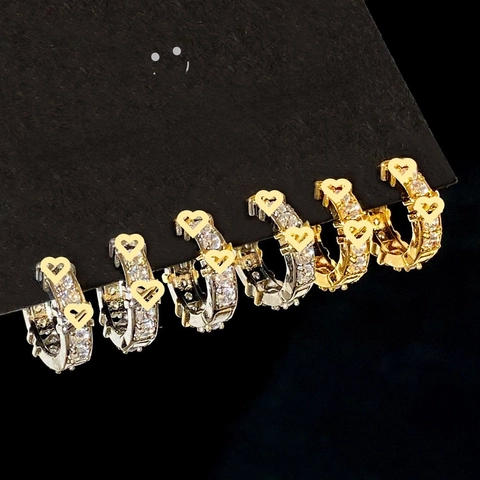 Elegant Copper Zircon Hoop Earrings And Rings Fashion C-Shaped Design With Heart And Clover Elements Jewelry For Women
