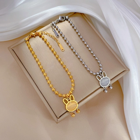Bracciale In Acciaio Inossidabile Con Ciondolo A Coniglio Per Donna Stile Coreano Catena A Sfere Con Pietra Occhio Di Gatto