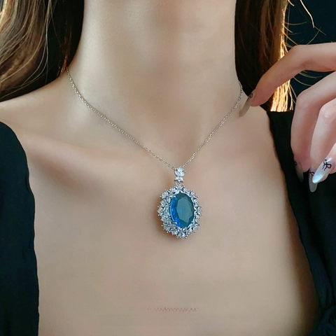 Collar Con Colgante De Circonita Azul Ovalada Estilo Palacio Francés Cobre Lujo Vintage Joyería Elegante Para Mujer