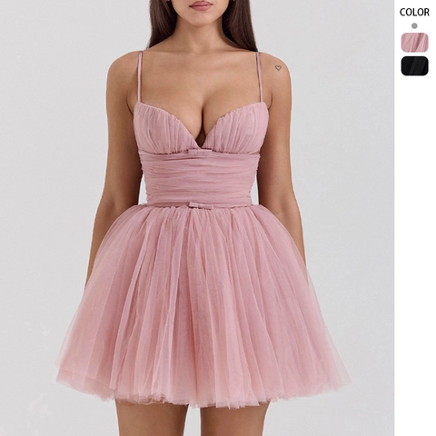 Vestito Mini In Tulle Donna Cami Arricciato Gonna Tutu Gonfia Schiena Scoperta Scollo A V Vita Alta Festa Senza Maniche