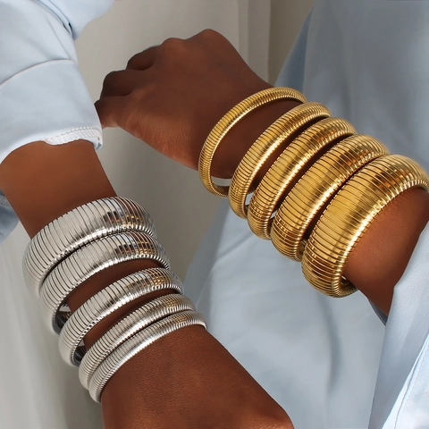 18K Gold Plated Stainless Steel Choker Necklace Elastic Ribbed Gaspipe Bracelet For Women Hip Hop Fashion Jewelry Set