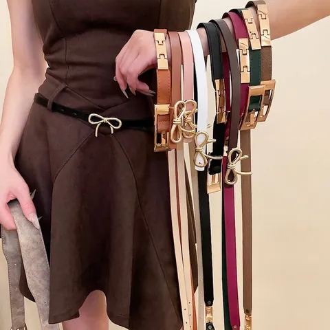 Women Skinny Belt Vintage Faux Leather Gold Bow Buckle Retro Fashionable Waist Strap For Dresses Elegant