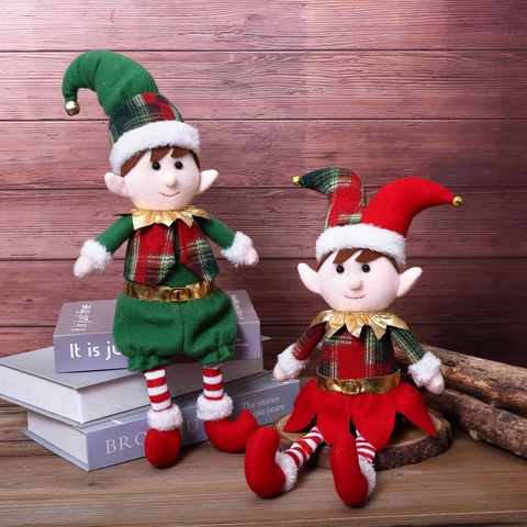 Weihnachtself Plüschpuppe Lange Beine Gestreifte Socken Goldener Gürtel Glocke Dekor Traditionelles Rot Grün Ornament