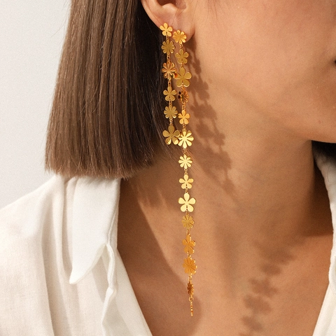 Daisy Flower Long Dangle Earrings 18K Gold Plated Stainless Steel Asymmetric Tassel Chain Jewelry For Women
