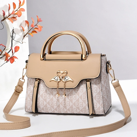 Women Handbag Monogram PU Leather Shoulder Crossbody Bag With Swan Buckle Artificial Pearl Pendant Top Handle Trendy Elegant