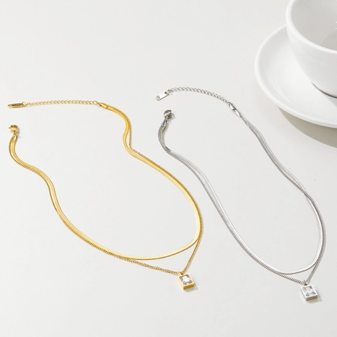 Double Layer Pendant Necklace Stainless Steel Flat Snake Bone And Link Chain With Rectangular Zircon For Women Elegant