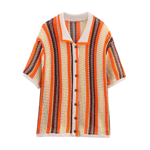 Top Polo Maniche Corte Maglia Crochet Righe E Pantaloncini Coulisse Donna Traspirante Ajouré Streetwear Vacanze