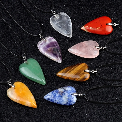 Herzförmige Naturstein Anhänger Halskette Heilkristall Amethyst Rosenquarz Tigerauge Polierter Edelstein Boho Schmuck