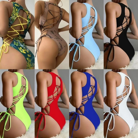 One Piece Swimsuit For Women Sexy Backless Lace Up Strappy High Cut Polyester Spandex Monokini Bathing Suit