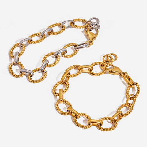 Minimalist Stainless Steel Bracelet With 18K Gold Plated Twisted Rope Chain Two-Tone Geometric Jewelry For Women