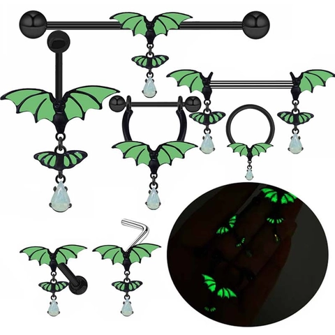 Gotische Vleermuis Lichtgevende Roestvrijstalen Body Piercing Sieraden Glow In The Dark Strass Navelpiercing Tepelring
