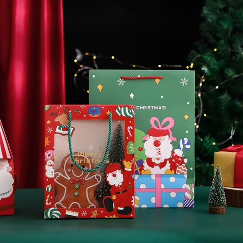 Bolsas De Regalo De Navidad Cartón Blanco Portátil Ventana Transparente Patrones Papá Noel Muñeco De Nieve Envoltorio Fiesta