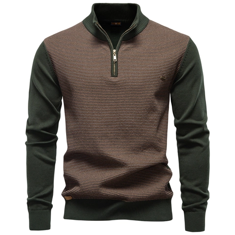 Heren Gebreide Trui Katoenmix Kwart Rits Opstaande Kraag Business Casual Patchwork Wafelstructuur Lange Mouwen
