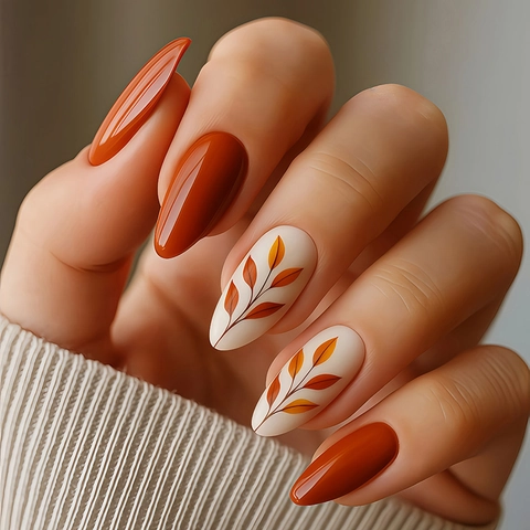 Unghie Finte A Mandorla Design Foglia Acero Autunno Arancione Caramello Opaco Lucido Copertura Totale Donne