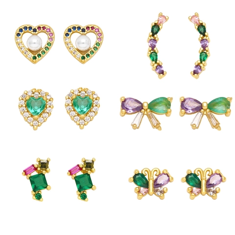 Colorful Zircon Stud Earrings 18K Gold Plated Copper Heart Bowknot Butterfly Geometric For Women Minimalist Fashion Jewelry