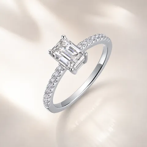 Anello in Argento Sterling 925 Moissanite Taglio Smeraldo Scintillante di Fascia Alta Fidanzamento Matrimonio Donna Gioiello