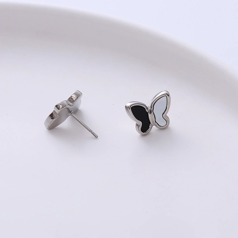 Orecchini A Farfalla Acciaio Inossidabile Contrasto Nero Bianco Smalto Effetto Conchiglia Gioielli Minimalisti Per Donna