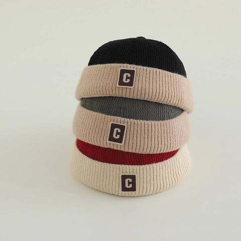 Cappello Miki Senza Tesa Bambini Maglia Velluto A Coste Patchwork Toppa Letra C Regolabile Copricapo Autunno Caldo