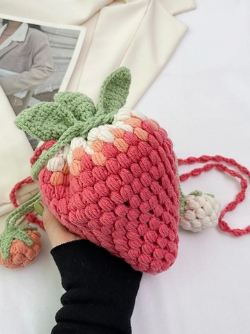 Cute Strawberry Crochet Crossbody Bag Handmade Knitted Mini Shoulder Pouch For Women Girls Forest Style Pink