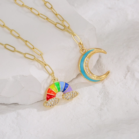 Collana Con Ciondolo Arcobaleno Nuvola Luna Rame Placcato Oro 18K Zircone Smalto Catena A Graffetta Gioielli Trendy Donna