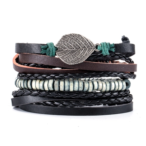Bracciale Multistrato in Pelle Retrò Con Pendente a Foglia in Metallo Corda Intrecciata Fatta a Mano Regolabile Per Uomo Donna Gioielli Etnici