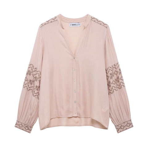 Dames Roze Geborduurde Blouse Met Lange Mouwen V-Hals Vintage Stijl Geplooide Geweven Overhemd Met Knopen Casual Top