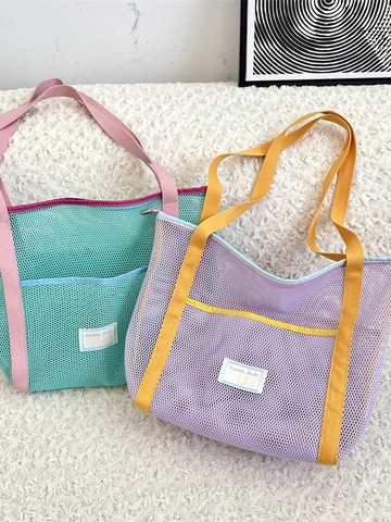 Women Mesh Tote Bag Large Capacity Polyester Shoulder Bag With Zipper Front Pocket For Beach Daily Travel Contrast Color