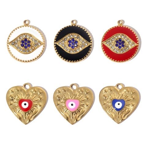 Ciondoli Malocchio Acciaio Inossidabile Cuore Tondo Smalto Strass Per Creazione Gioielli DIY Stile Retrò Francese