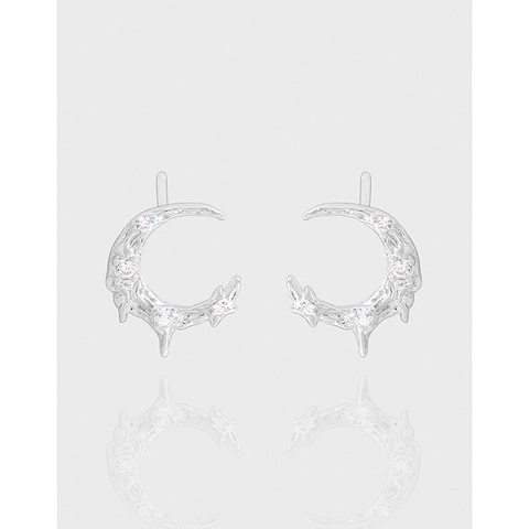 925 Sterling Silver Moon Stud Earrings For Women With Cubic Zirconia Niche Textured Design Minimalist Jewelry