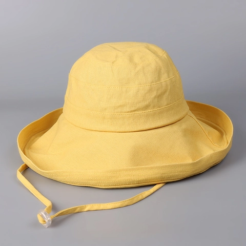 Bucket Hat Breiter Rand UV Schutz Leinen Baumwolle Faltbar Winddichtes Seil Damen Einfacher Japanischer Stil