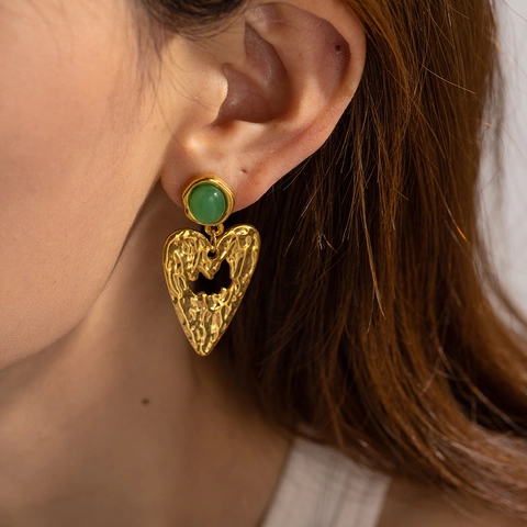Vintage Herz Ohrhänger Edelstahl Grüne Aventurin Hammerschlag Retro Französischer Stil Elegant Für Damen