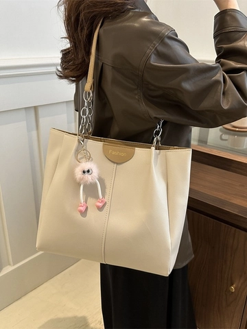 Large Capacity Tote Bag PU Leather Contrast Color Shoulder Bag With Metal Chain And Plush Charm For Women Daily Commute
