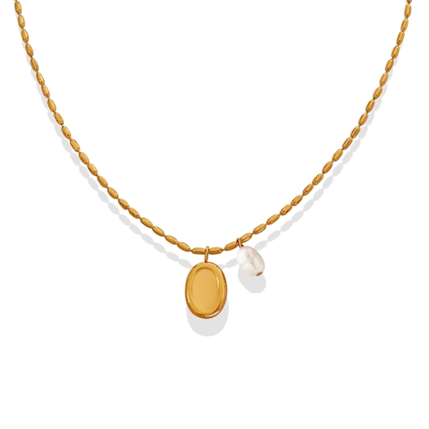 Stainless Steel Halskette Mit Ovalem Anhänger Und Süßwasserperle Minimalistische Geometrische Schlüsselbeinkette Für Damen