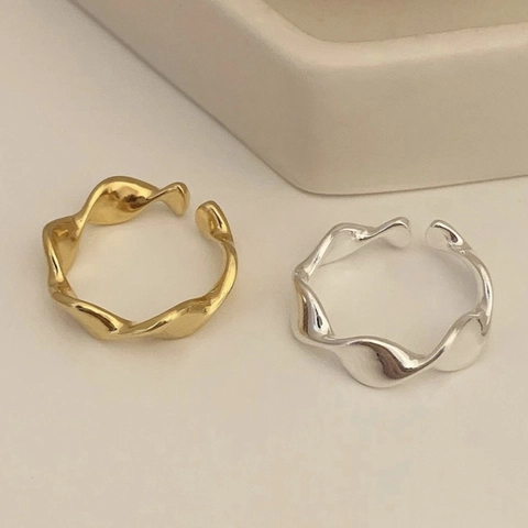 925 Argento Sterling Minimalista Geometrico Onda Intrecciato Anello Aperto Regolabile Stile Coreano Anello per Donna Gioielli
