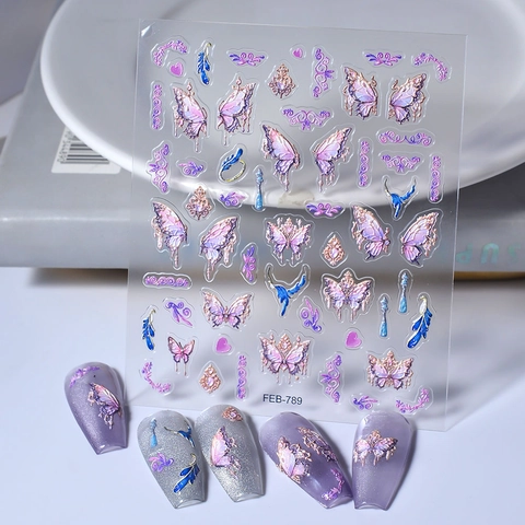 Stickers Ongles 5D Relief Papillon Coeur Dégradé Baroque Autocollants Étanche Pour Femmes