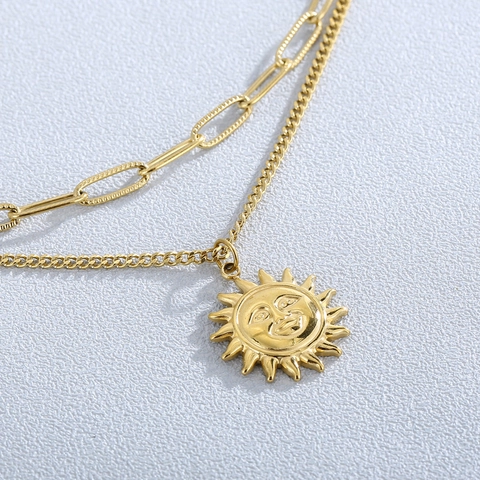 Collar De Doble Capa De Acero Inoxidable Con Colgante De Cara De Sol Cadena De Clip Eslabones Joyería De Moda Retro